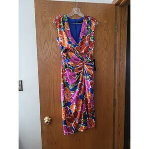 Maggy London Silky Slinky Colorful Summer Floral Cinch Dress NWT Size 4